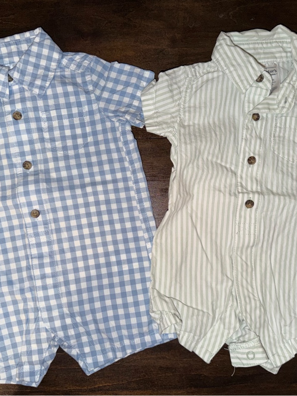 Carter's Light Blue Gingham and Cream Striped Button Rompers (2-Pack)